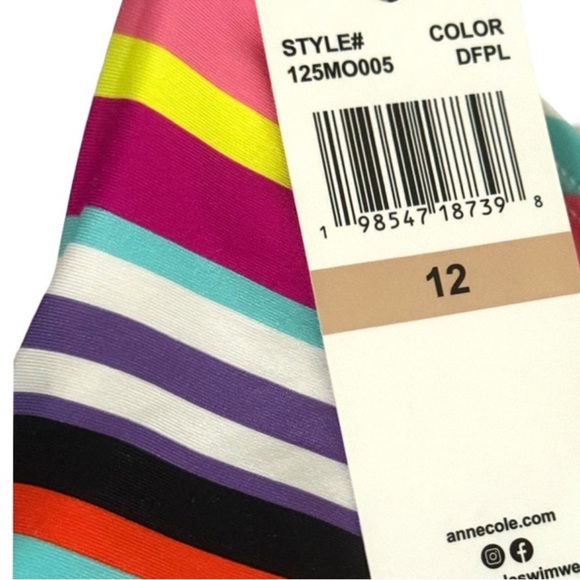 NEW Anne Cole One Piece Swimsuit Twist Front Bandeau Purple Multi Stripe Size 12 - Picture 4 of 8